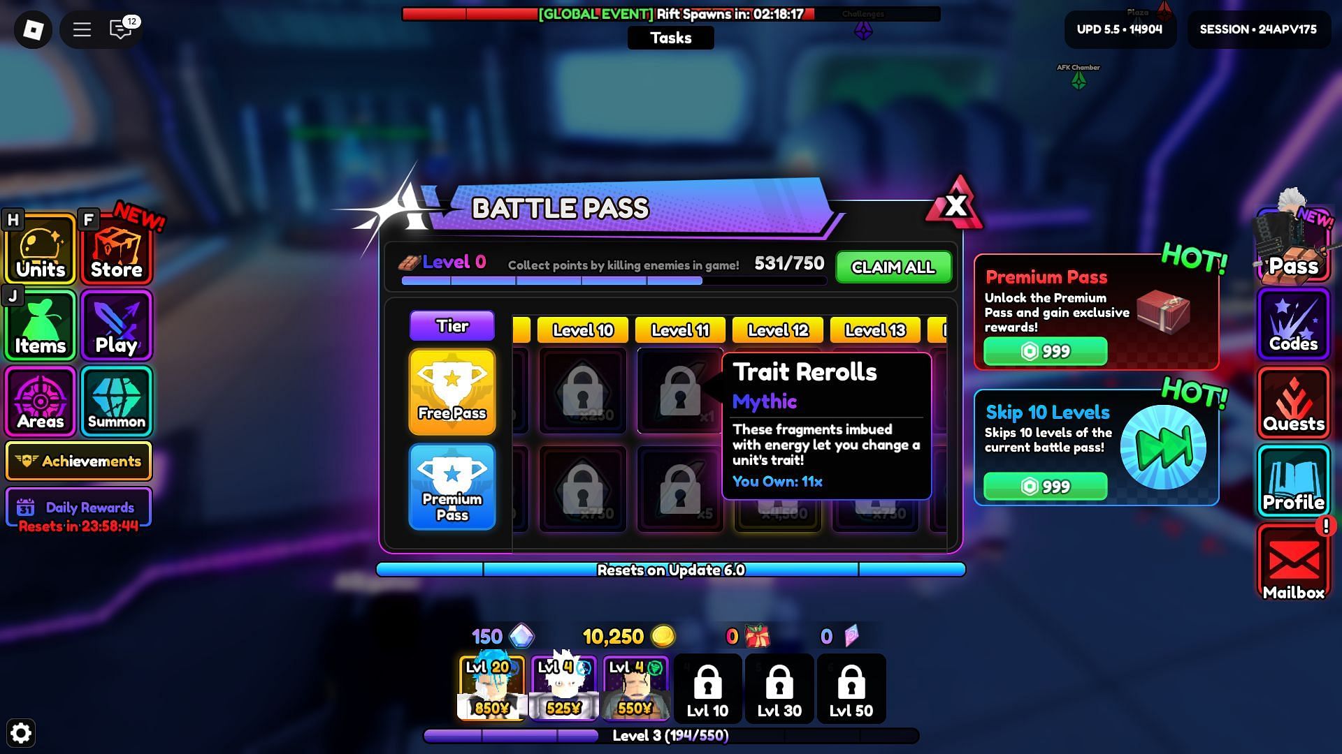 Trait Rerolls in the battle pass (Image via Roblox)